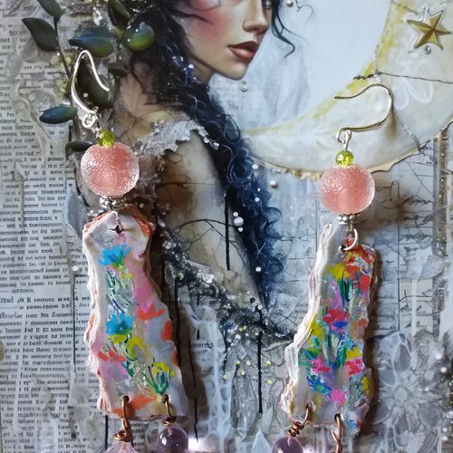 Sous le ciel de paris...boucles d’oreilles en argile polymère et perles de verre,  destructurées, création artisanale