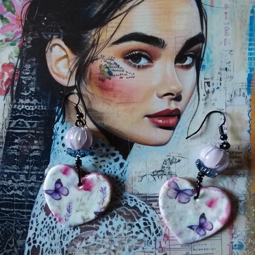 Boucles coeur polymère,  papillons,  perle de verre parme, printanier, léger, floral, création artisanale