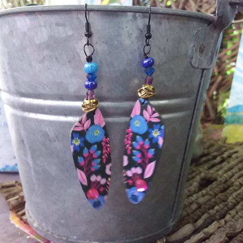 Boucles bois décoré,  zamak,  swaroski, colorées,  légères,  création artisanale