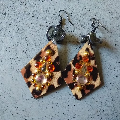 Boucles d’oreilles femme, bois décoré,  coupelles verre artisanal, estivales,  originales,  création unique