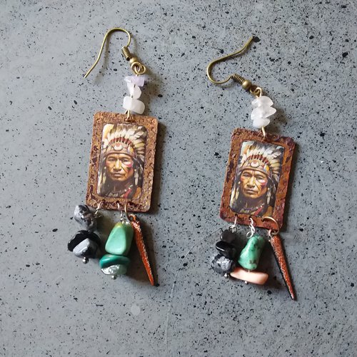 L’indien...boucles d’oreilles cuivre,  perles de gemmes,  ethnique,  création artisanale