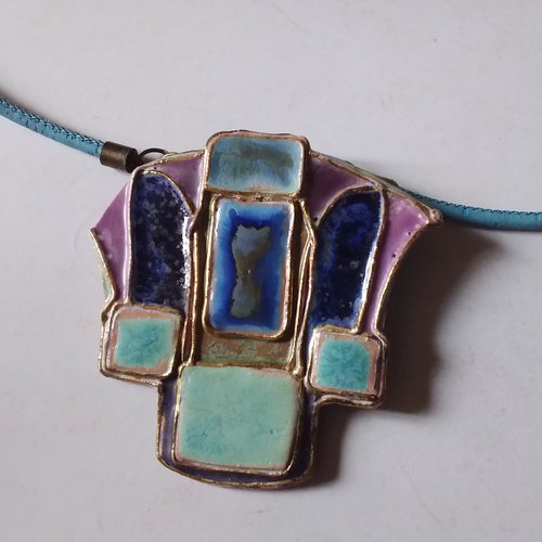 Collier original et léger,  céramique artisanale,  recyclé,  cordon liège, chaîne gros maillons, création artisanale uniqu