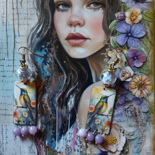 Boucles d’oreilles, cuivre émaillé, perles d’angelite,  perles de verre artisanales,  création unique