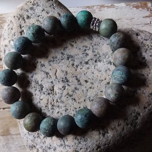 Bracelet élastique unisexe,  turquoise africaine,  10 mm, création artisanale