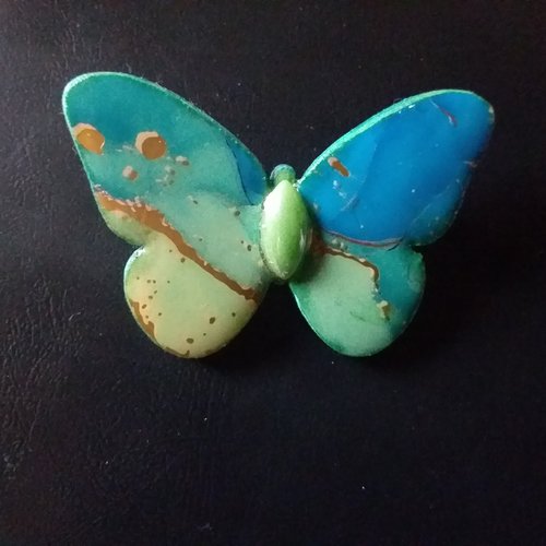 Jolie petite broche papillon bleu, bois décoré,  création artisanale,  idée cadeau..