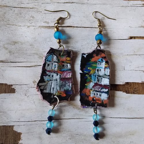 Un soir en provence, boucles d'oreilles mini tableaux,  argile polymère et perles de verre, création artisanale unique