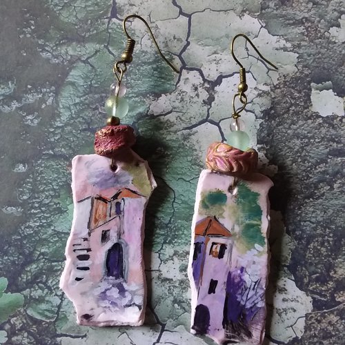 Souvenirs de vacances...boucles d’oreilles argile polymère, série mini tableaux, céramique artisanale , création uniqu