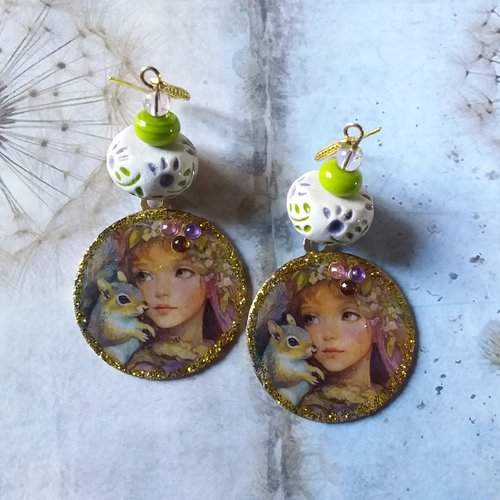 L’elfe de la forêt..boucles d’oreilles féeriques,  avec céramique artisanale,  création unique