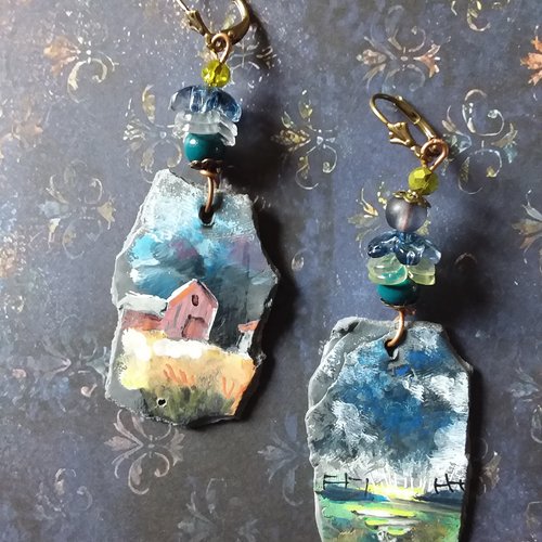 Quand le ciel s’obsurcit..boucles en argile polymère, collection mini tableaux,  peints à la main,  création artisanale unique