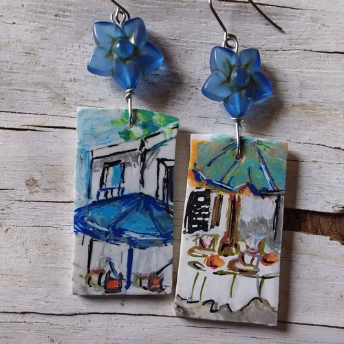 Un verre à l’ombre du parasol..boucles d’oreilles , collection mini tableaux,  création artisanale