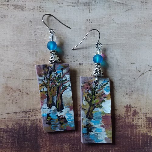 Quand la neige fond...boucles d’oreilles mini tableaux,  peints à la main,  création artisanale unique