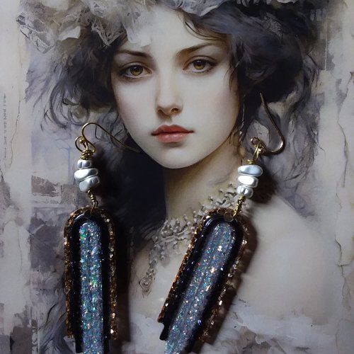 Style art déco. ..  boucles d’oreilles en résine, légères et originales,  brillantes de mille feux, création artisanale