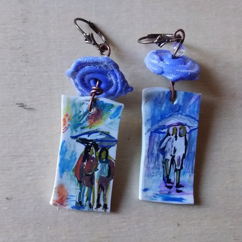 Un p’tit coin de paradis sous un coin de parapluie...boucles d’oreilles, série mini tableaux,  perles au chalumeau,  création unique