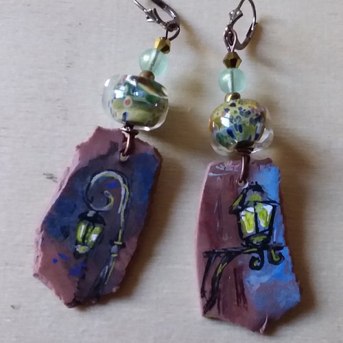 Le réverbère...boucles d’oreilles, série mini tableaux,  polymère et perles au chalumeau,  création artisanale unique