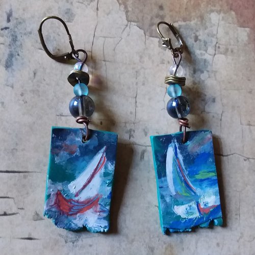 La goélette prend le large..boucles d’oreilles série mini tableaux, polymère,  création artisanale unique