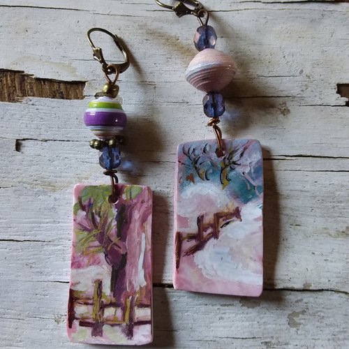 Promenade en hiver..boucles d’oreilles, série mini tableaux,  ooak, légères et originales,  création artisanale unique