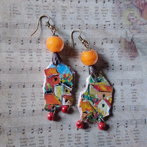 Village de provence...boucles d’oreilles argile polymère et perle au chalumeau,  série mini tableaux,  création artisanale unique
