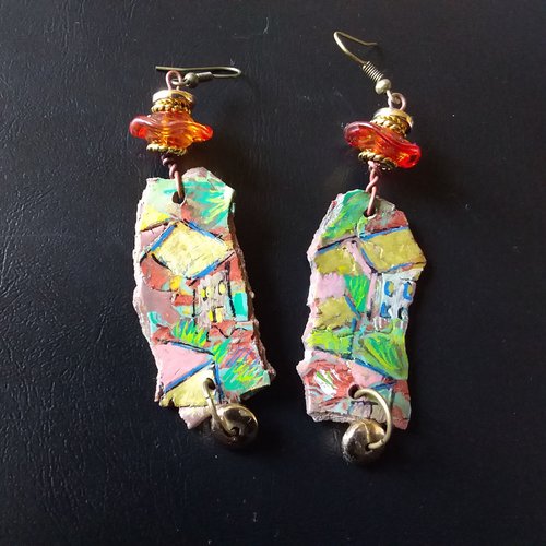Les toits dorés...boucles d’oreilles , série mini tableaux,  et perle de verre au chalumeau, création artisanale uni