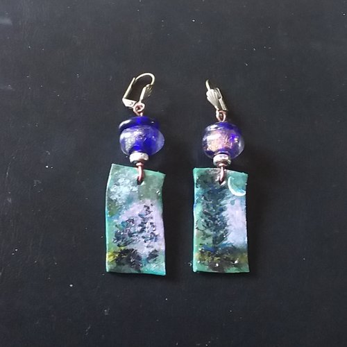 Superbe nuit étoilée...boucles d’oreilles série mini tableaux, peints à la main,, création artisanale