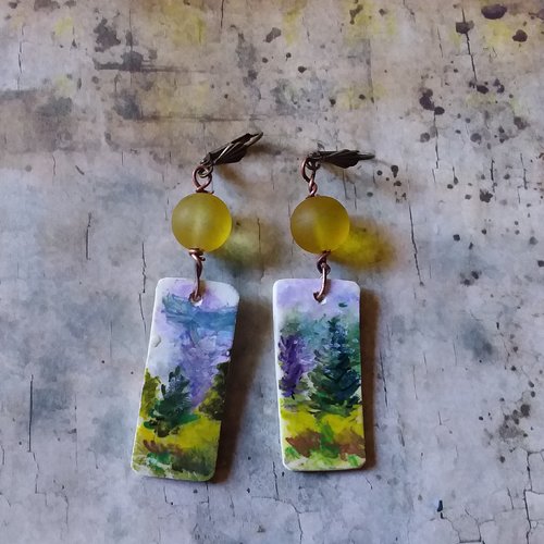 Charme des sapins..boucles d’oreilles mini tableau,  ooak, peint à la main,  création artisanale unique