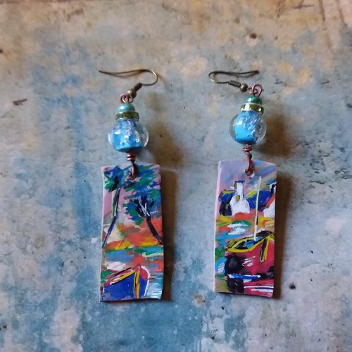 Le petit port...boucles d’oreilles mini tableau,  perles au chalumeau,  création artisanale unique