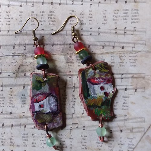 Le mas de provence,,boucles d'oreilles serie mini tableaux, peints à la main,  création artisanale unique