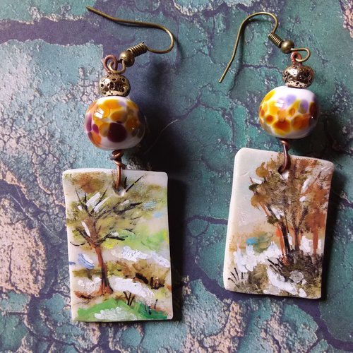 L’arbre d’automne..boucles d’oreilles série mini tableaux, ooak, création artisanale unique
