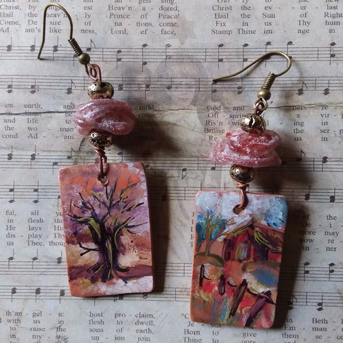 L’arbre d’automne,,boucles d'oreilles série mini tableaux,  création artisanale, originale et unique