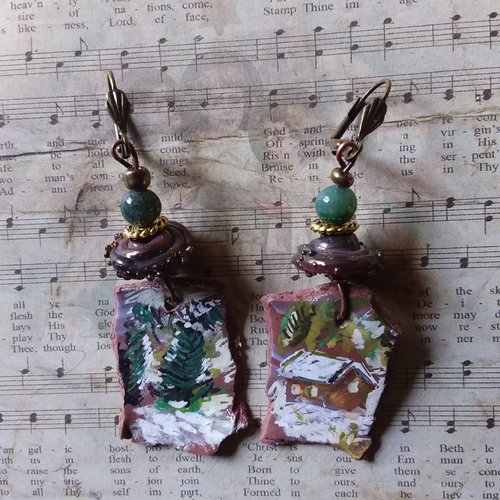 Les matins d’hiver...boucles d’oreilles série mini tableaux, ooak,  création artisanale unique