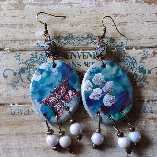 Boucles d’oreilles,  argile polymère,  peintes à la main