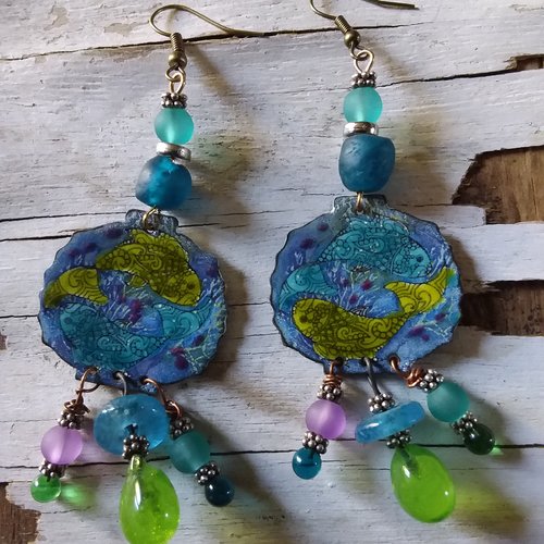 Boucles d’oreilles cuivre émaillé artisanal,  motif poisson