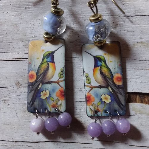 Colibri, boucles d'oreilles cuivre émaillé, angelite, perle au chalumeau, création artisanale unique