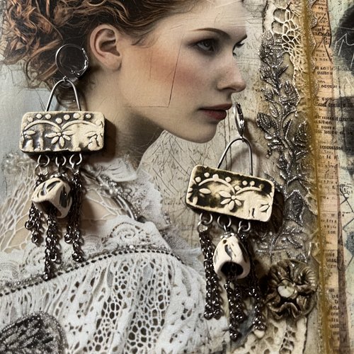 Le manuscrit ancien…boucles d’oreilles en céramique artisanale, création unique