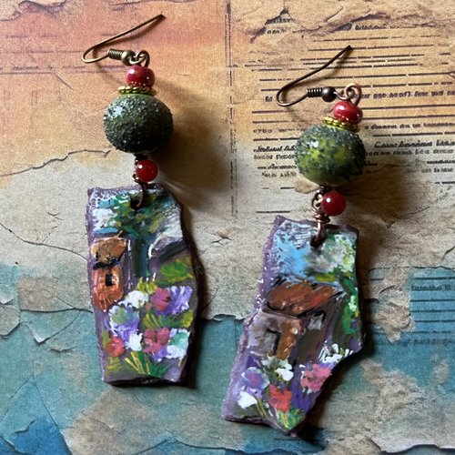 Village coloré…boucles d’oreilles mini tableaux, création artisanale