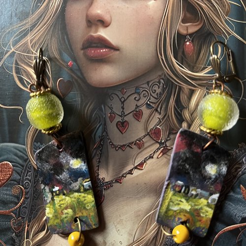 Soir d’orage, boucles d’oreilles série mini tableaux, création artisanale unique