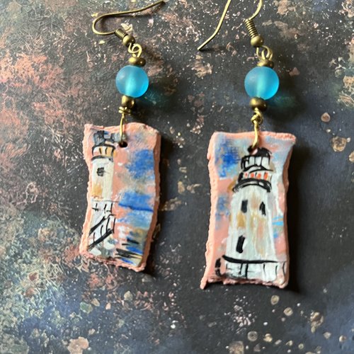 Le phare , boucles d’oreilles mini tableaux, création artisanale unique