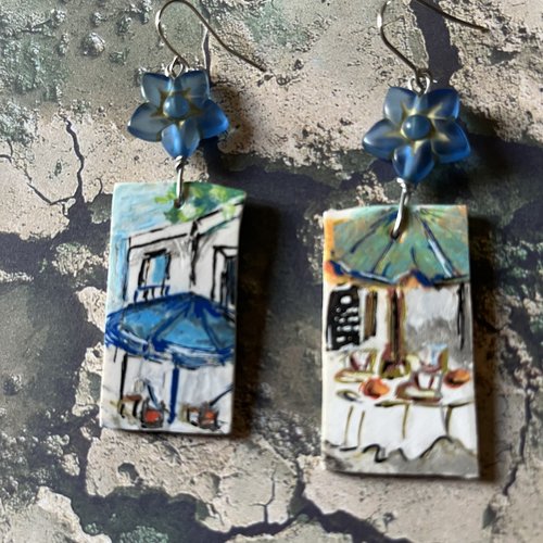 Les parasols, boucles d’oreilles mini tableaux, création artisanale unique