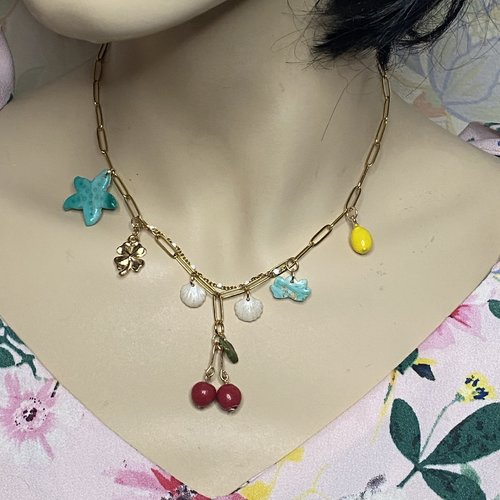 Collier femme fille en acier inoxydable perles argile polymère