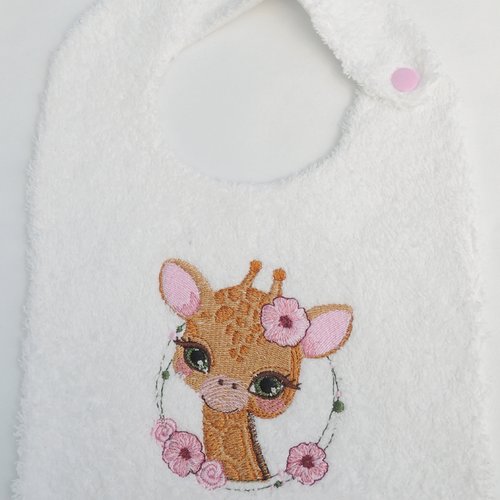 Bavoir éponge bébé/enfant personnalisable animaux brodés girafe fleur rose