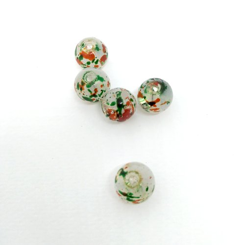 Lot 5 x 1 perles de verre ronde diam 10 mm mouchetée vert et orange