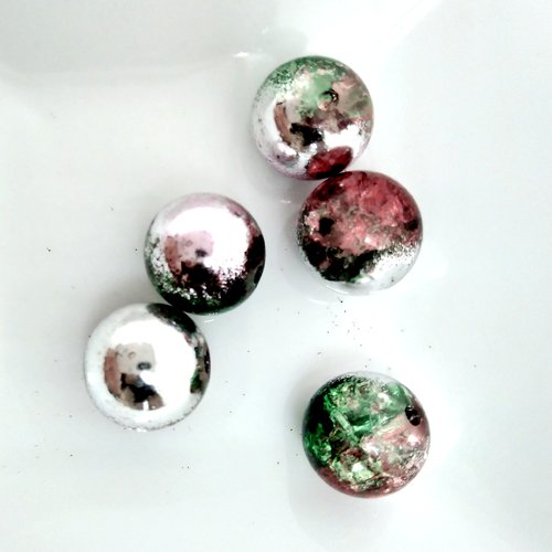 Lot 4 x 1 perles de verre ronde diam 10 mm mouchetée argent vert et rouge