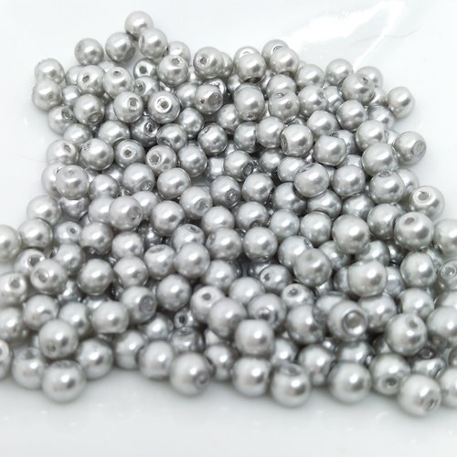 Lot de 10 perles de verre façon "perles de culture" nacrée grise diam 4 mm