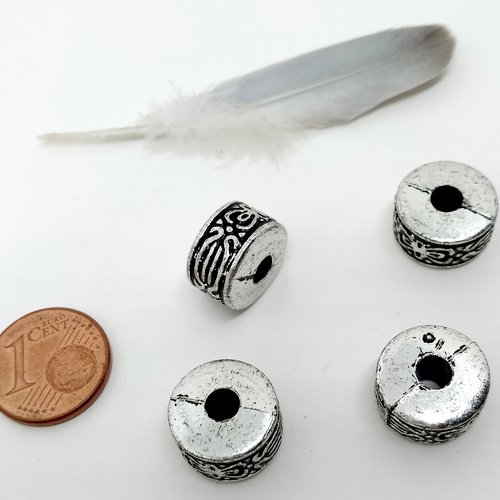 Lot de 4 perles cylindre acrylique couleur argenté 12 x 6 mm