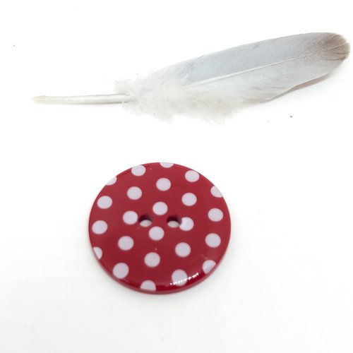 Bouton rond synthétique rouge à pois blanc diam 25 mm