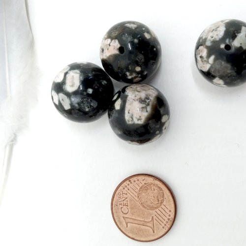 1 lot de 4 perles de pierre - jaspe moucheté gris boule 14mm