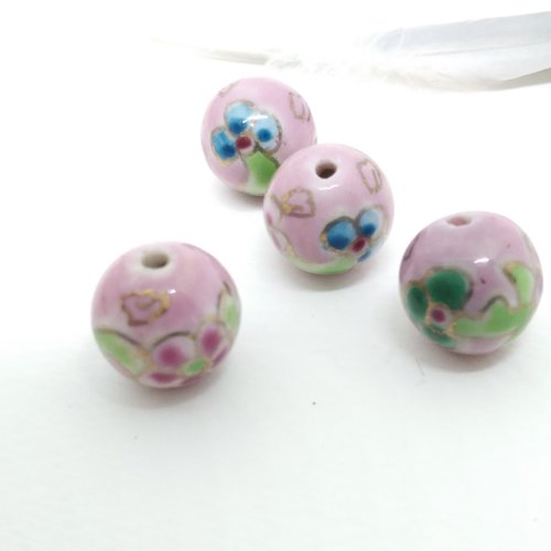 Lot de 4 perles de porcelaine rose motif fleuri diam 12 mm