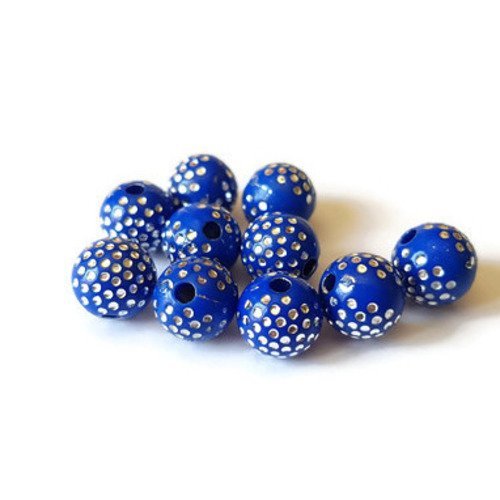 Perles rondes bleues points argentés 8mm 