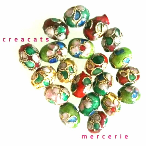 10 perles ovale fleurs émail cloisonné multicolores