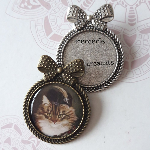 1 support broche collier pendentif cabochon résine 30mm métal motif chat - couleur bronze