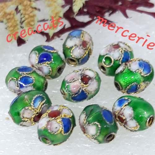 10 perles émail cloisonné ovale fleurs vert foncé / multicolores